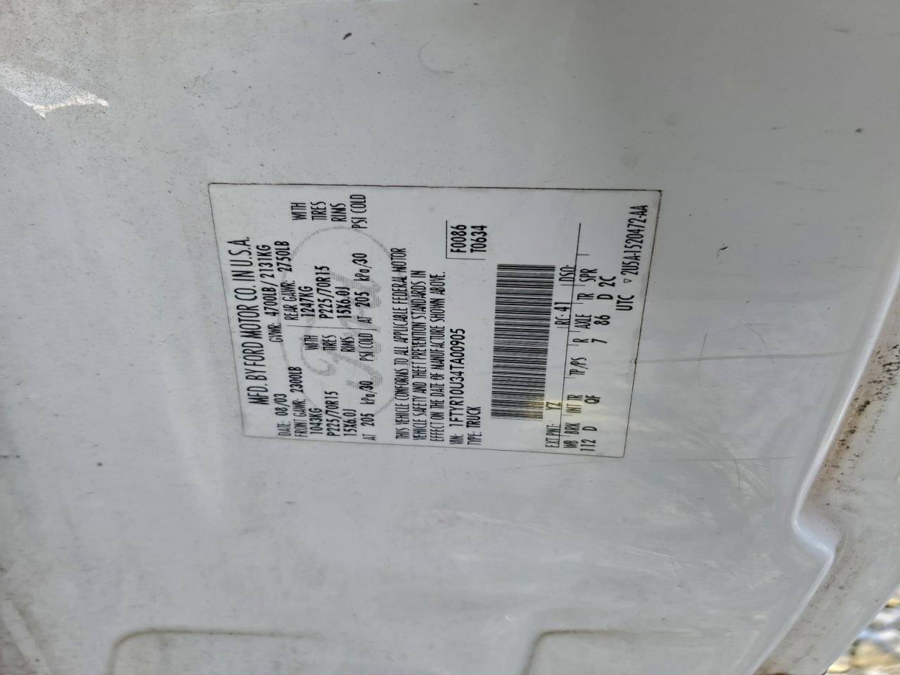 2004 Ford Ranger VIN: 1FTYR10U34TA00905 Lot: 97240145