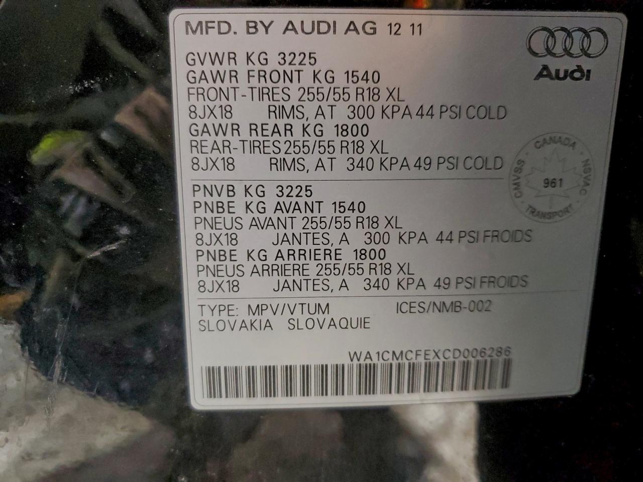 2012 Audi Q7 Premium VIN: WA1CMCFEXCD006286 Lot: 94927115