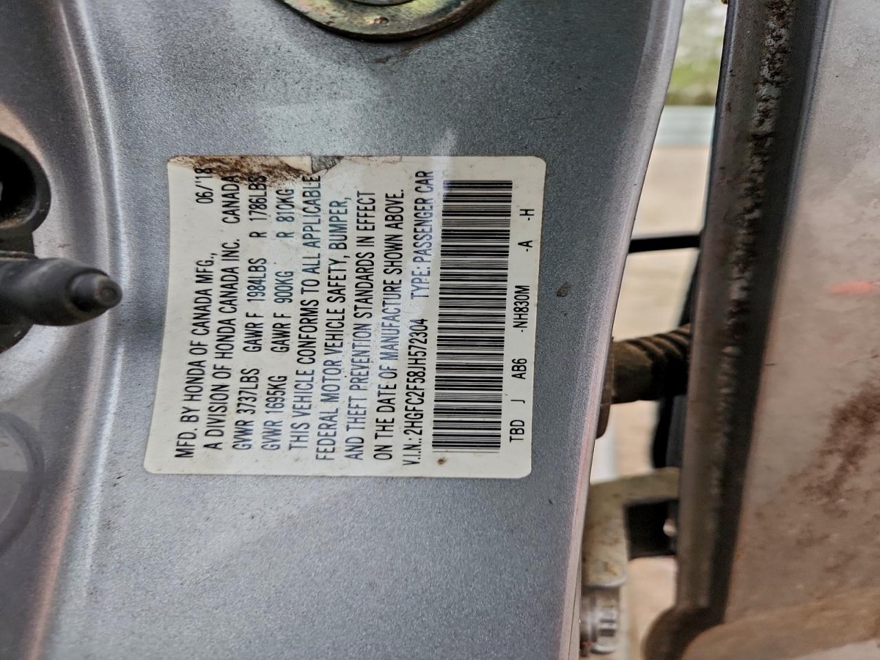 2018 Honda Civic Lx VIN: 2HGFC2F58JH572304 Lot: 94715425