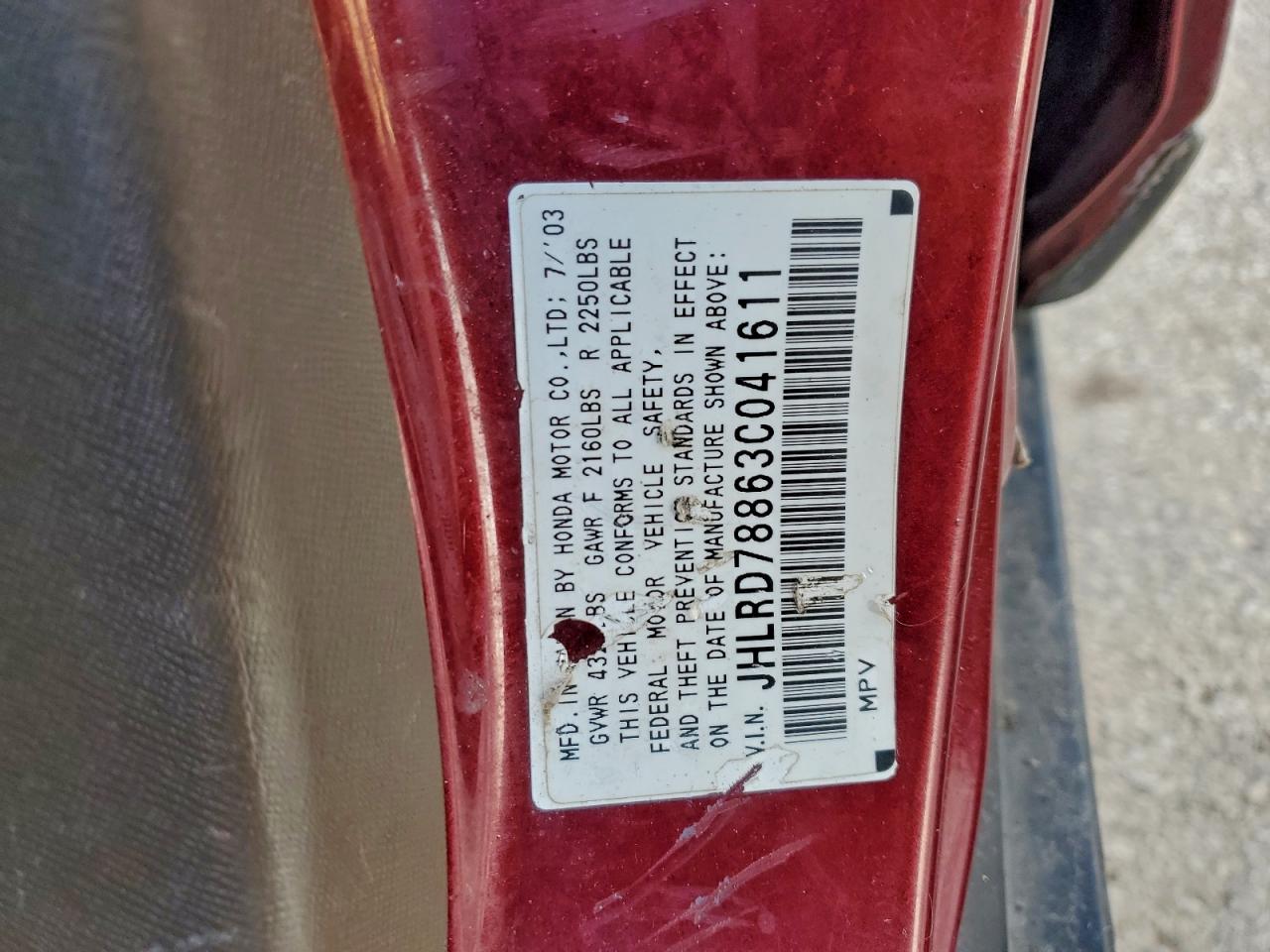 2003 Honda Cr-V Ex VIN: JHLRD78863C041611 Lot: 96173495