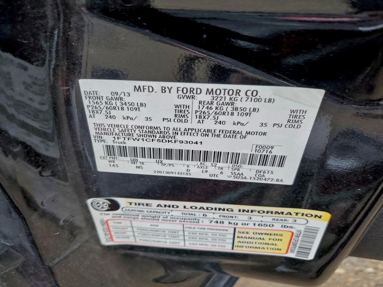 2013 Ford F150 Supercrew VIN: 1FTFW1CF5DKF93041 Lot: 95272625