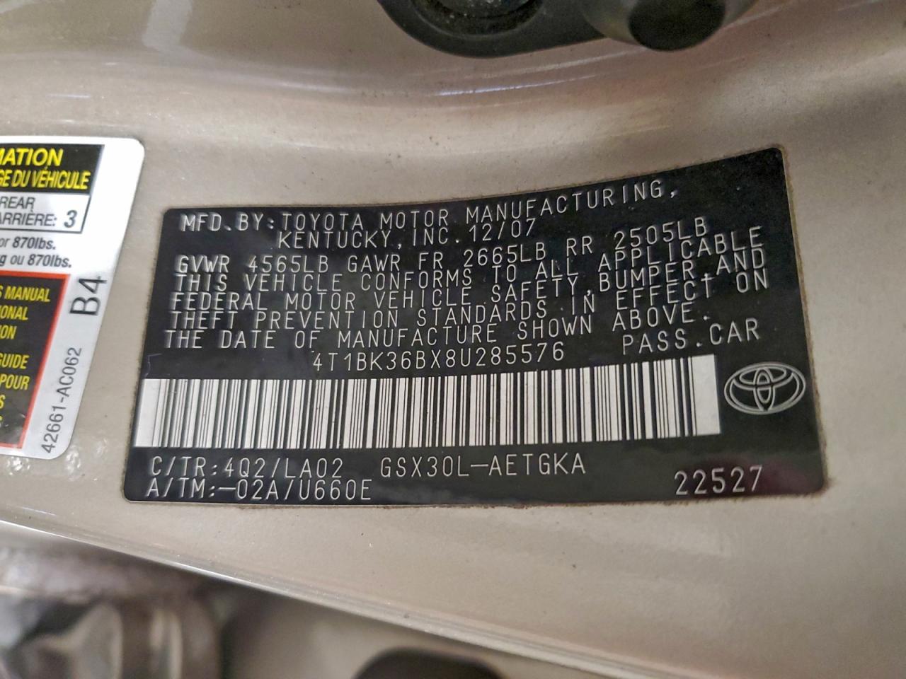 2008 Toyota Avalon Xl VIN: 4T1BK36BX8U285576 Lot: 95979665