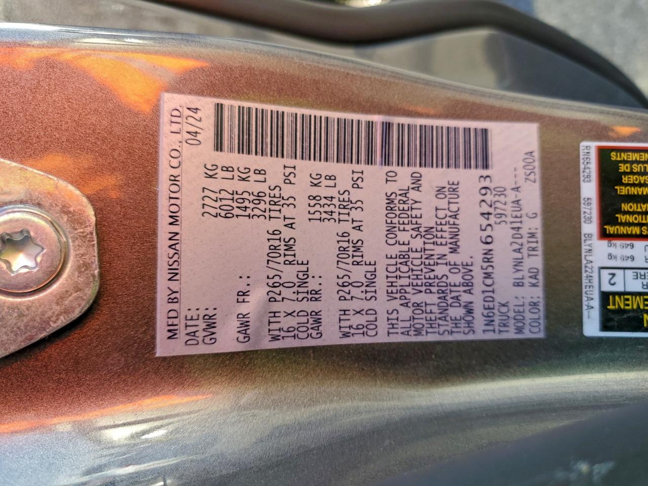 2024 Nissan Frontier S VIN: 1N6ED1CM5RN654293 Lot: 94930035