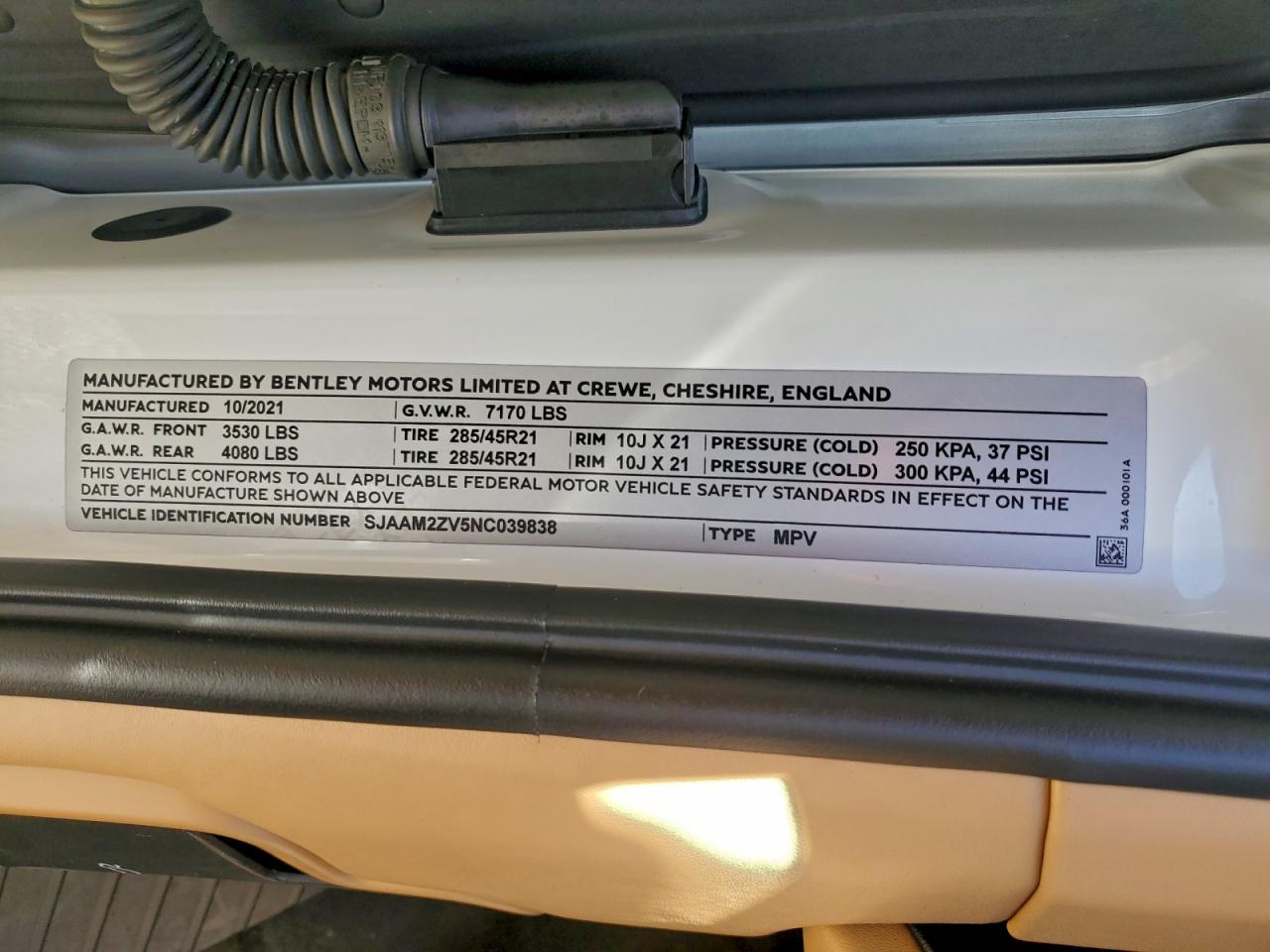 2022 Bentley Bentayga VIN: SJAAM2ZV5NC039838 Lot: 94739255