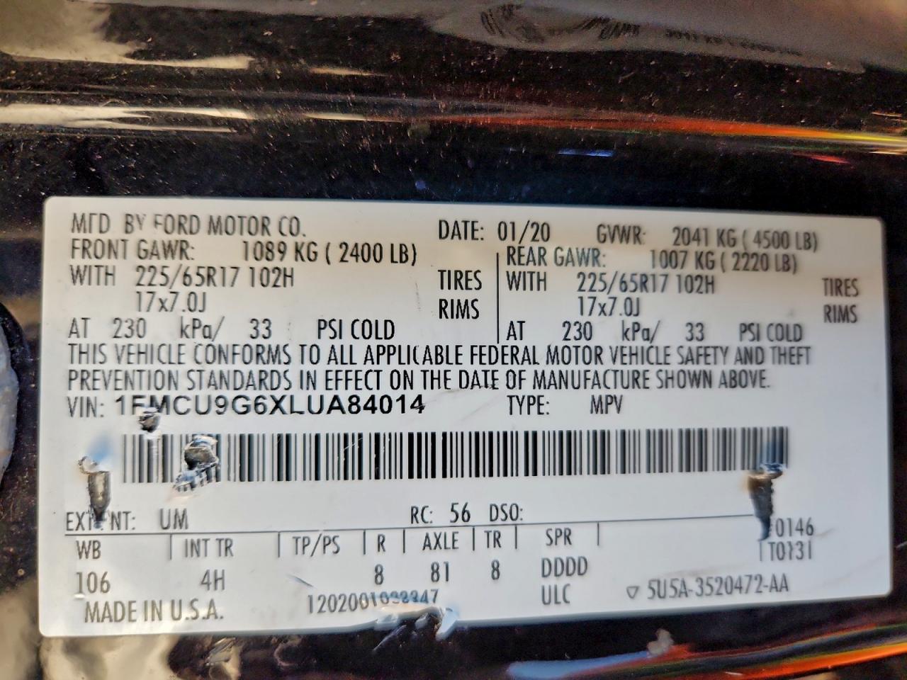 2020 Ford Escape Se VIN: 1FMCU9G6XLUA84014 Lot: 94535915