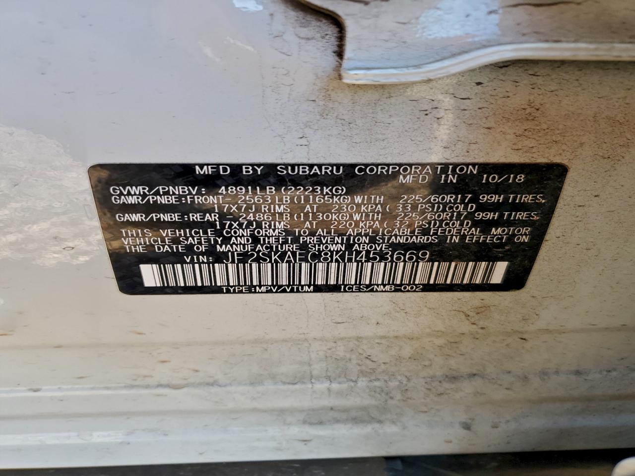 2019 Subaru Forester Premium VIN: JF2SKAEC8KH453669 Lot: 94778935