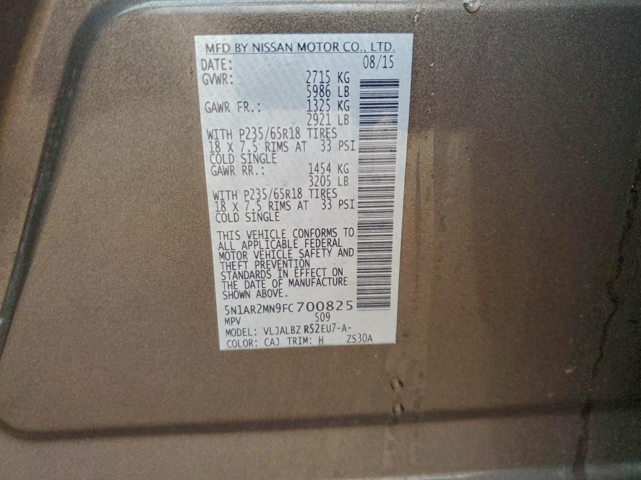 2015 Nissan Pathfinder S VIN: 5N1AR2MN9FC700825 Lot: 96374495