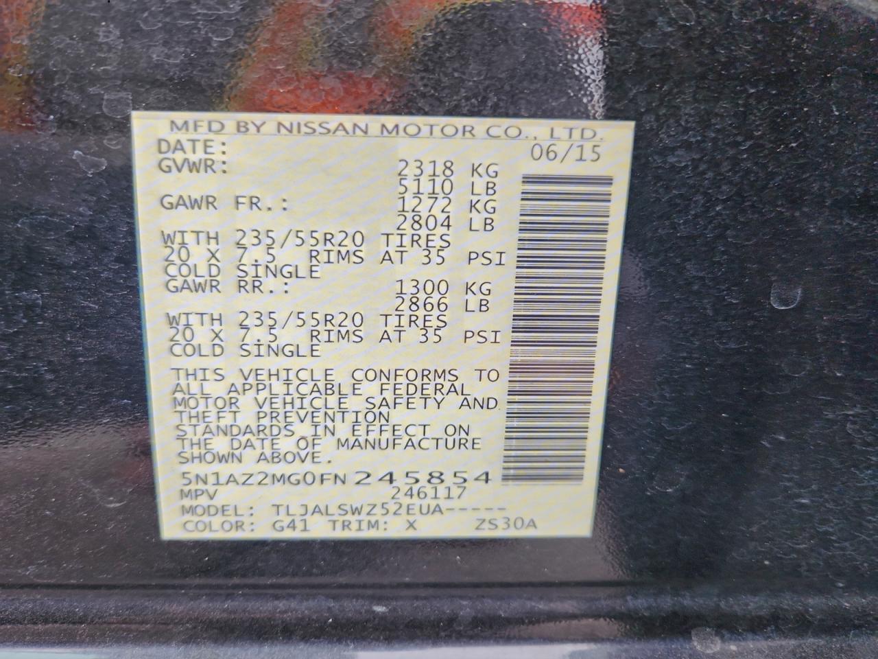 2015 Nissan Murano S VIN: 5N1AZ2MG0FN245854 Lot: 94948595