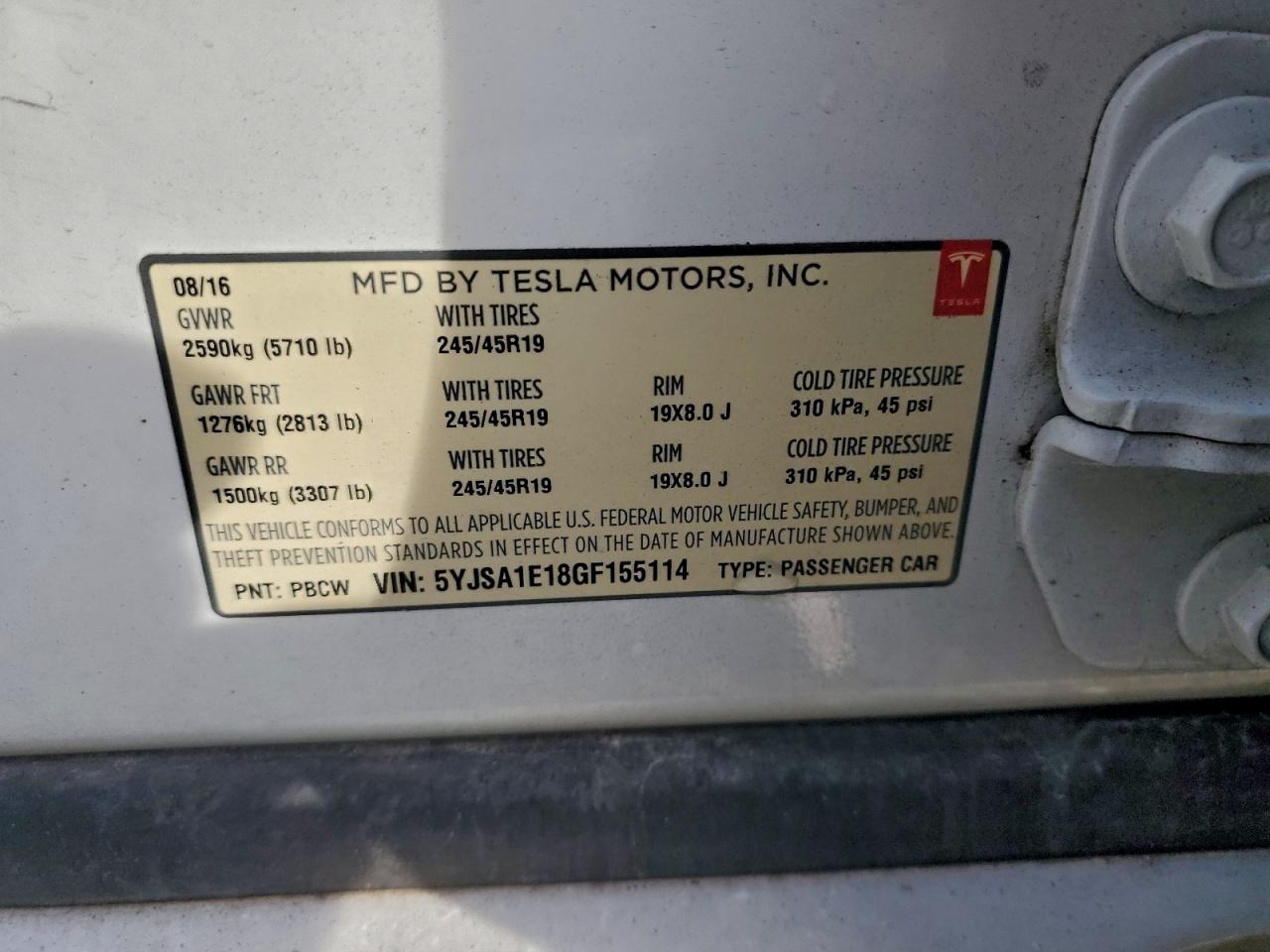 2016 Tesla Model S VIN: 5YJSA1E18GF155114 Lot: 94857295