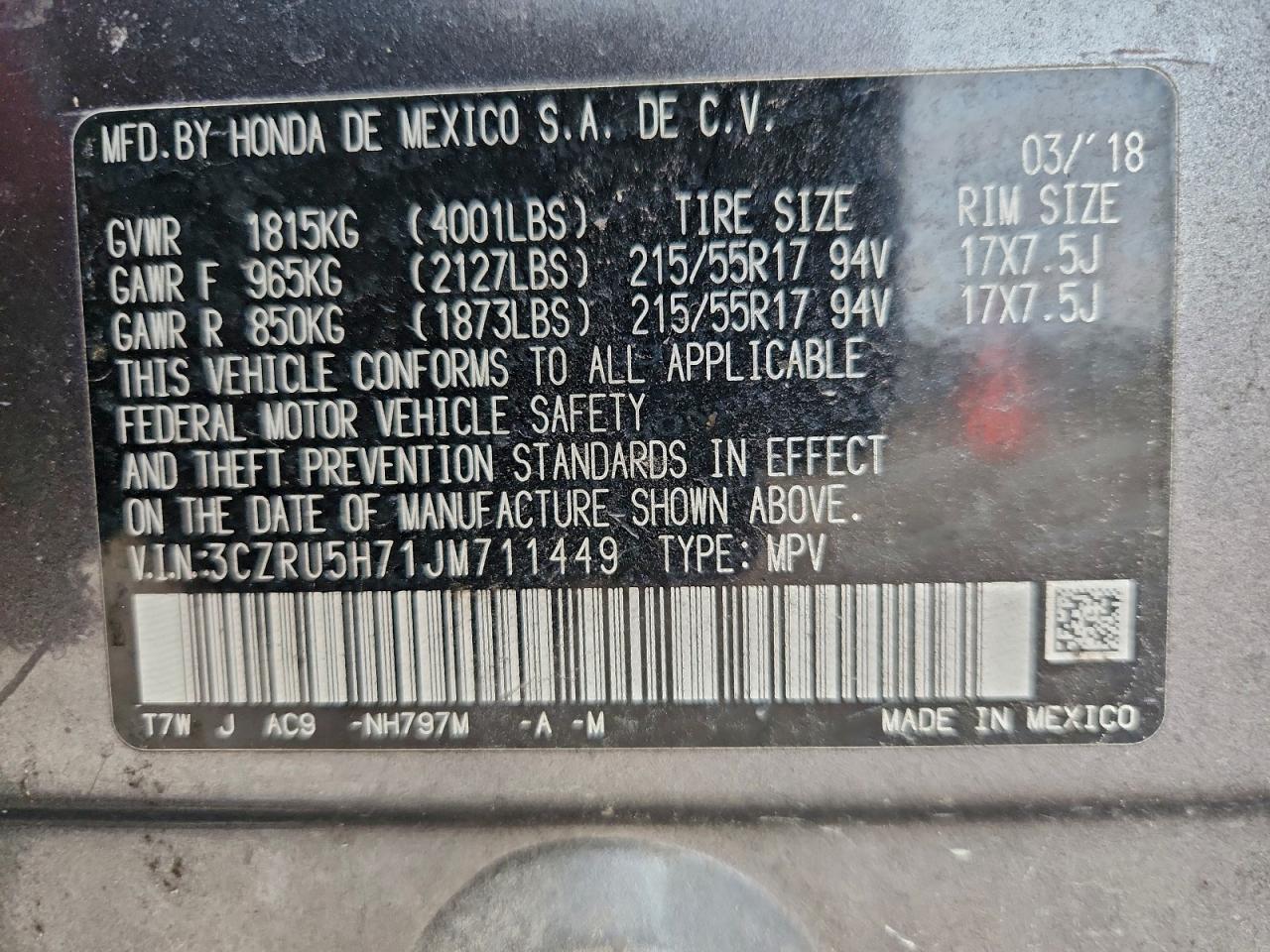 2018 Honda Hr-V Exl VIN: 3CZRU5H71JM711449 Lot: 94821635