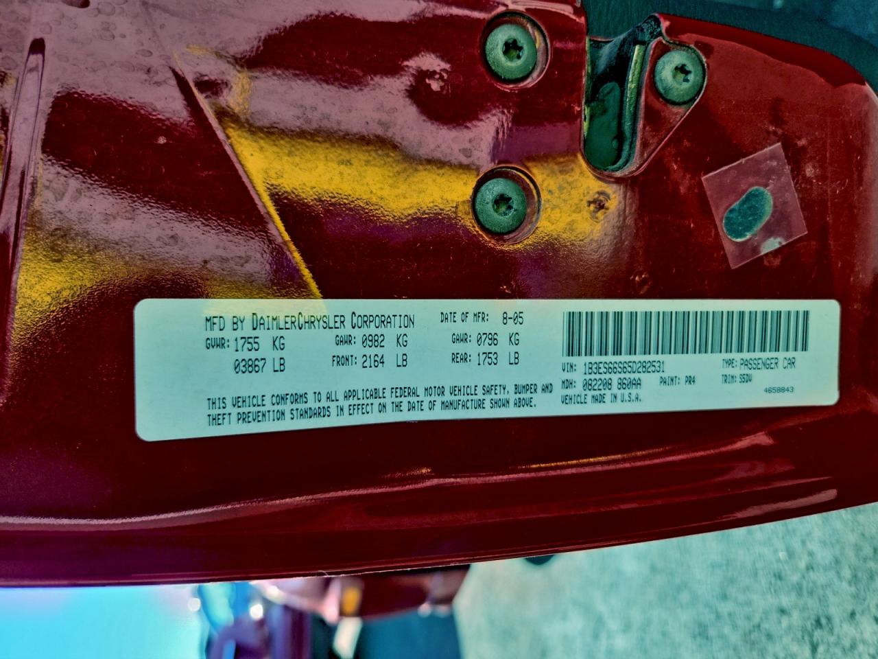 2005 Dodge Neon Srt-4 VIN: 1B3ES66S65D282531 Lot: 96390125