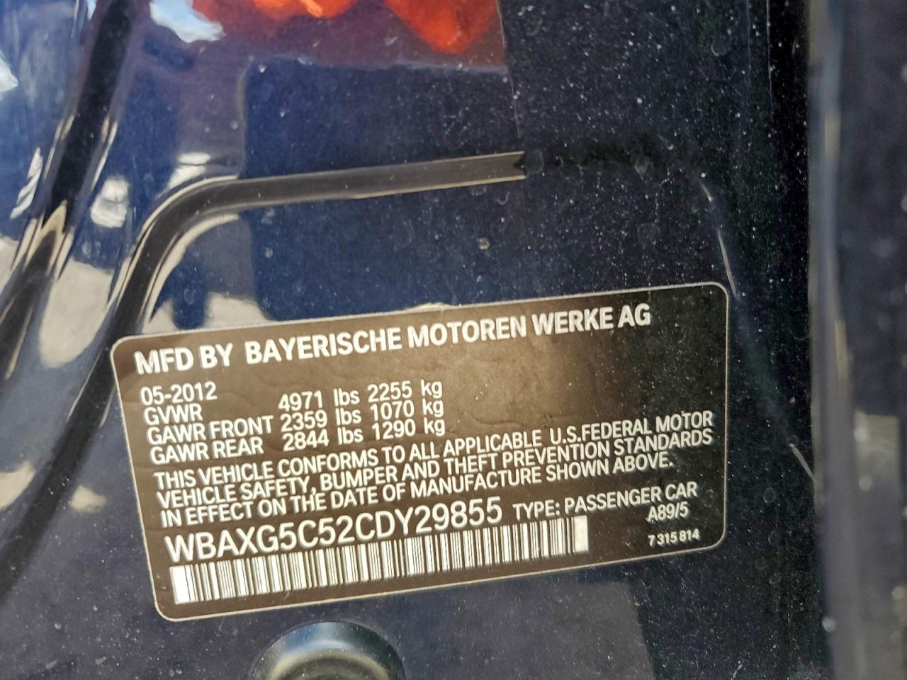 2012 BMW 528 I VIN: WBAXG5C52CDY29855 Lot: 94964985