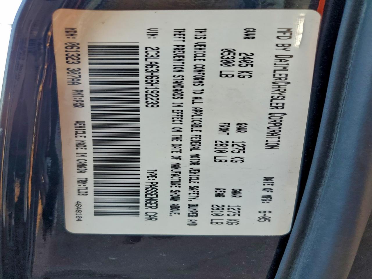 2006 Chrysler 300C VIN: 2C3LA63H66H192239 Lot: 97333935
