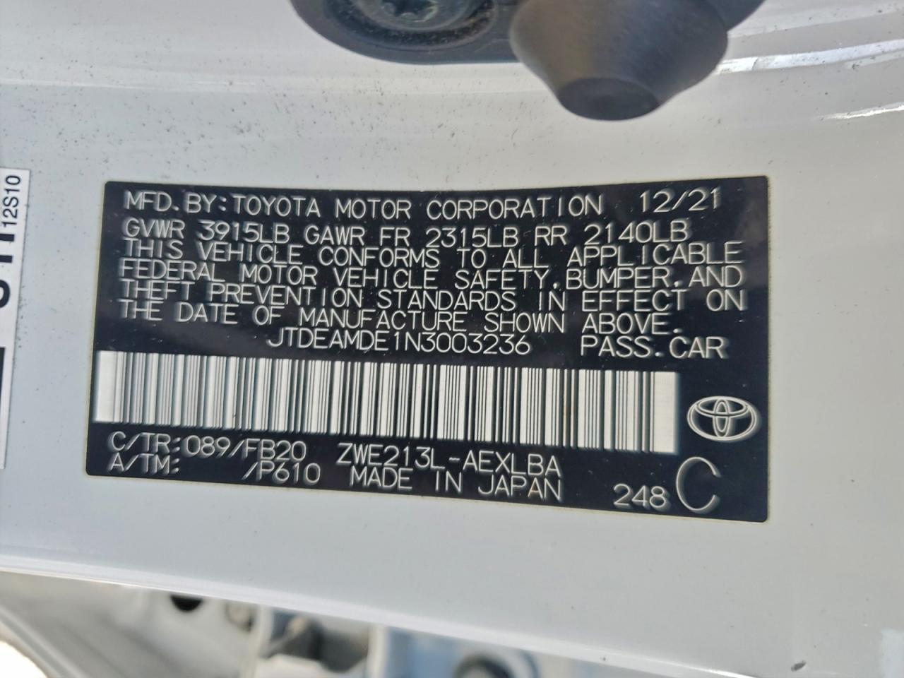 2022 Toyota Corolla Le VIN: JTDEAMDE1N3003236 Lot: 94241105