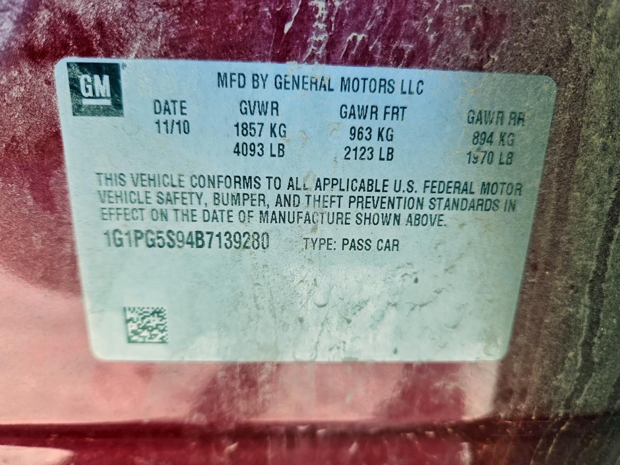 2011 Chevrolet Cruze Lt VIN: 1G1PG5S94B7139280 Lot: 96984965