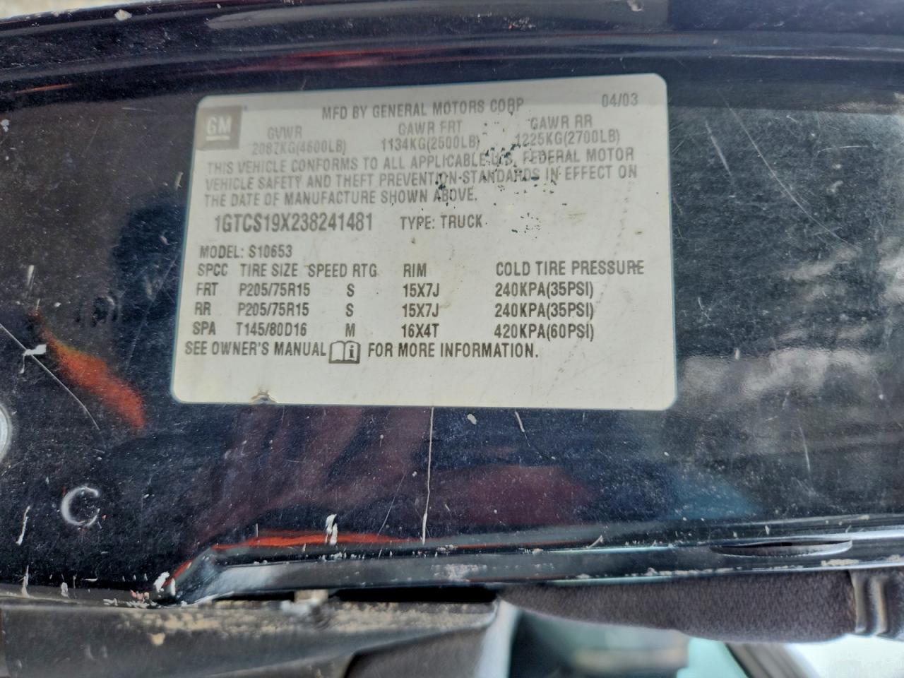 2003 GMC Sonoma VIN: 1GTCS19X238241481 Lot: 96362075