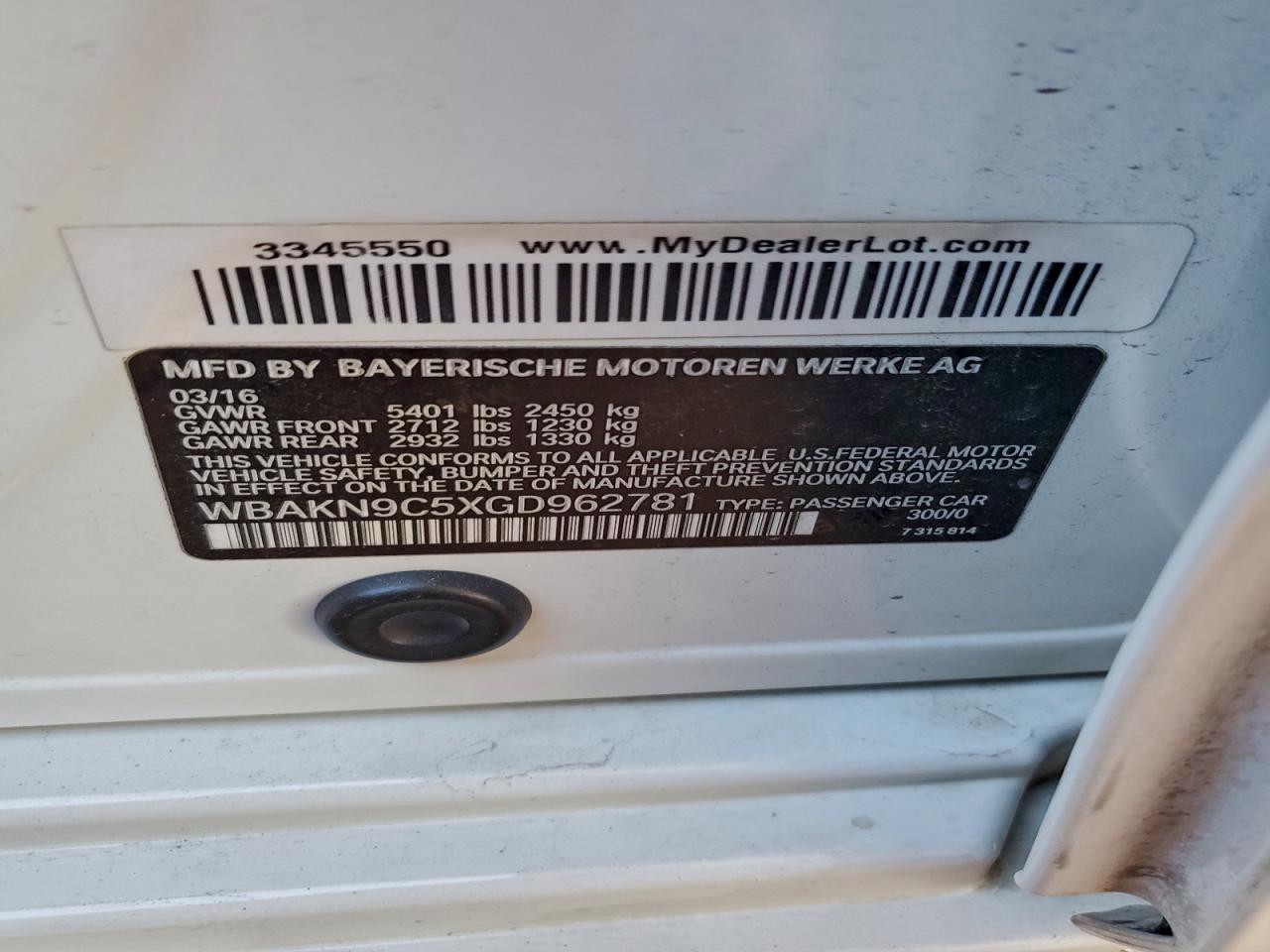 2016 BMW 550 I VIN: WBAKN9C5XGD962781 Lot: 94817085