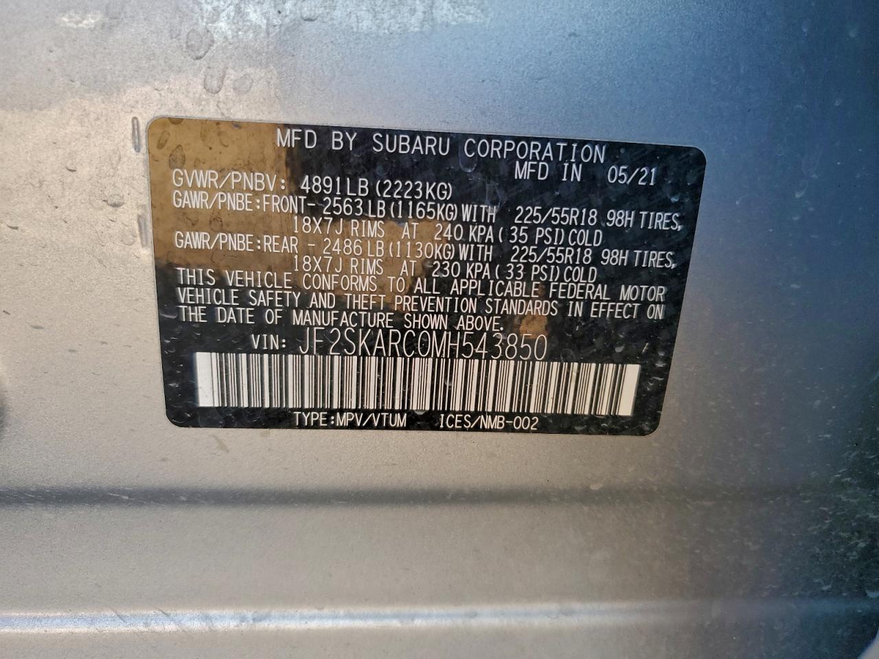 2021 Subaru Forester Sport VIN: JF2SKARC0MH543850 Lot: 94904005