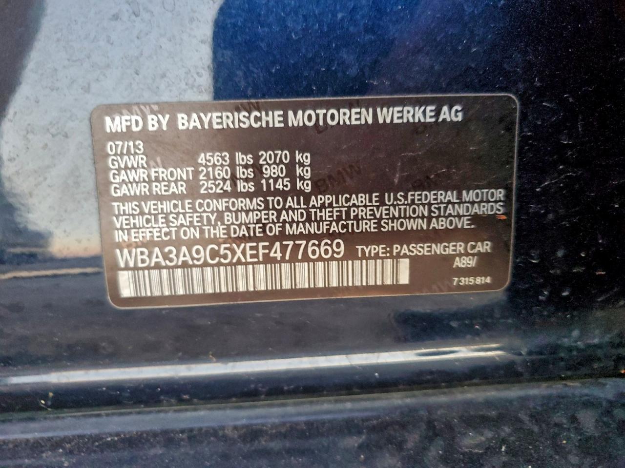 2014 BMW 335 I VIN: WBA3A9C5XEF477669 Lot: 96604015