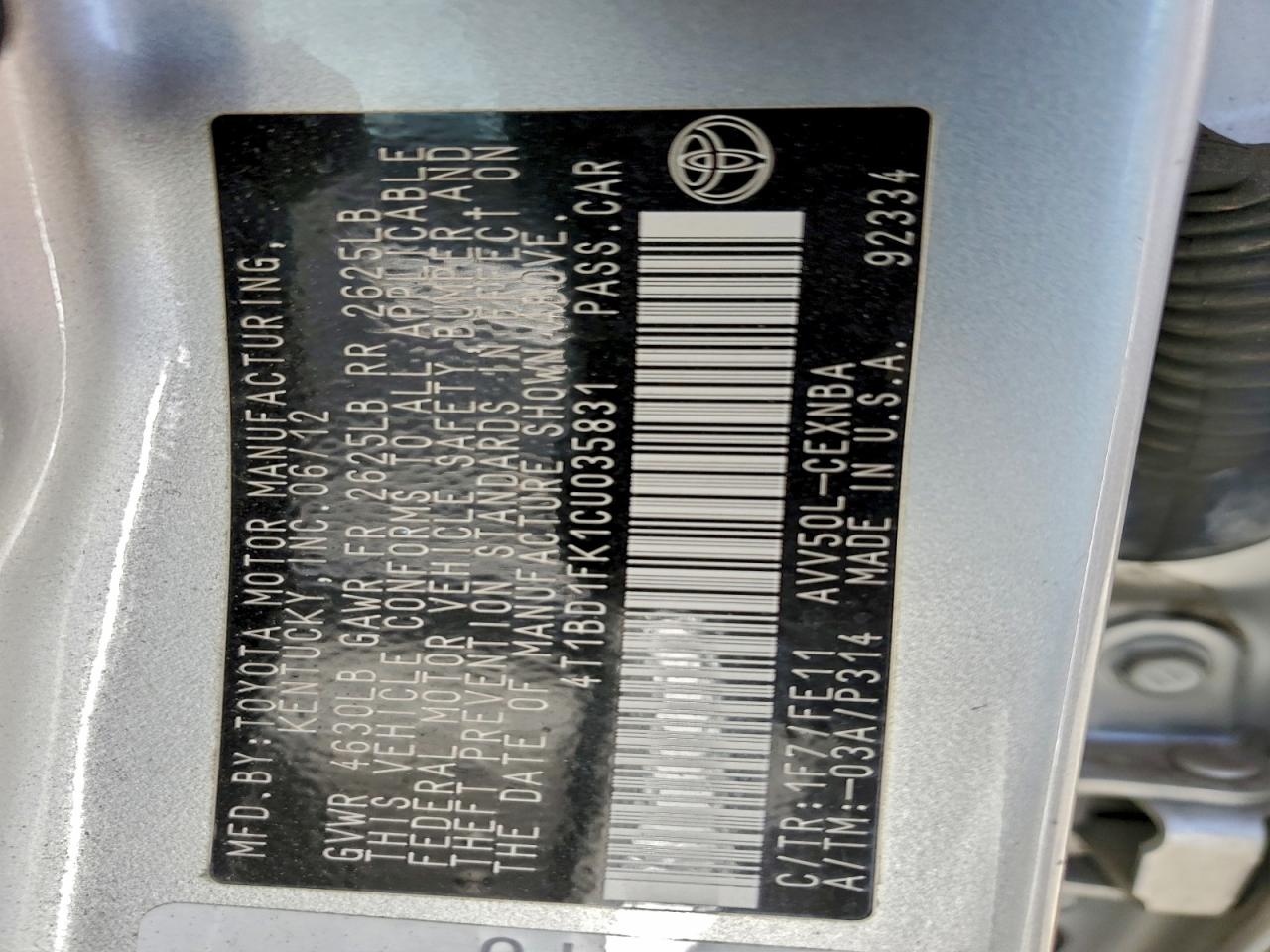 2012 Toyota Camry Hybrid VIN: 4T1BD1FK1CU035831 Lot: 95011385