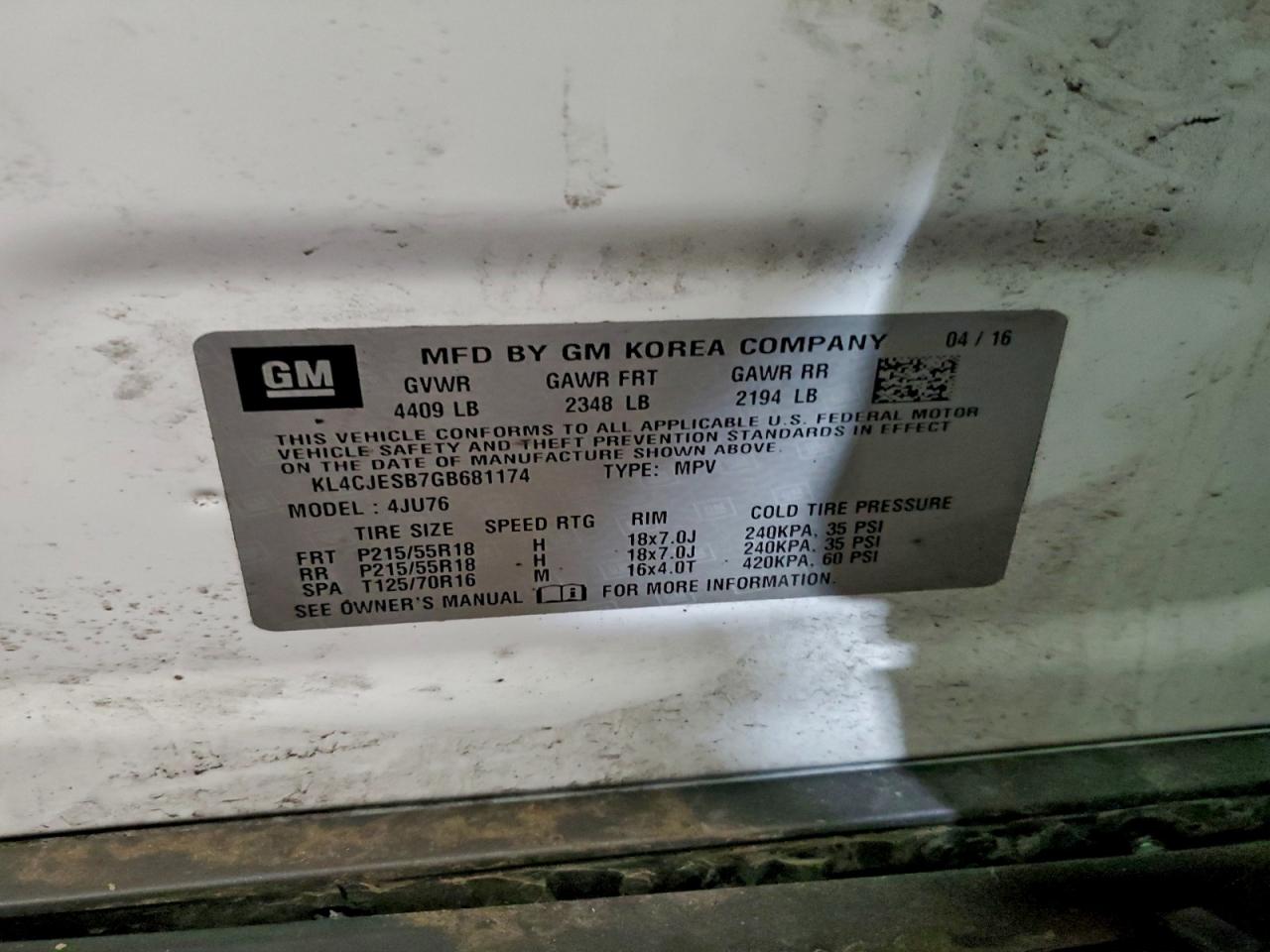 2016 Buick Encore VIN: KL4CJESB7GB681174 Lot: 94735215