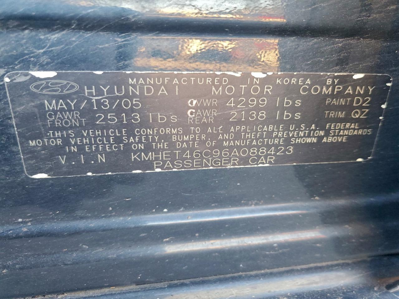 2006 Hyundai Sonata Gl VIN: KMHET46C96A088423 Lot: 96074625