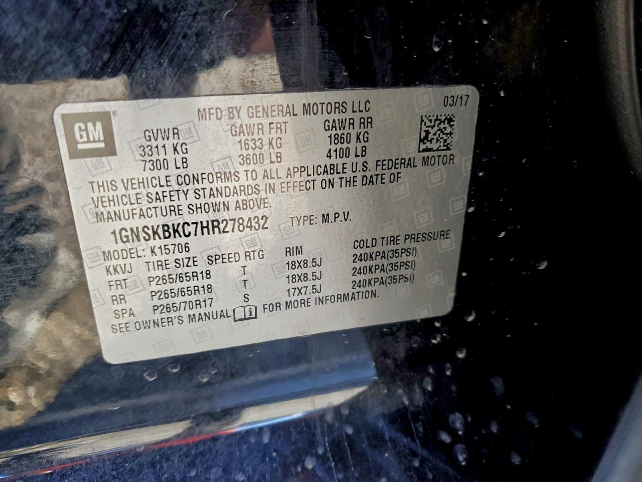 2017 Chevrolet Tahoe K1500 Lt VIN: 1GNSKBKC7HR278432 Lot: 94448345