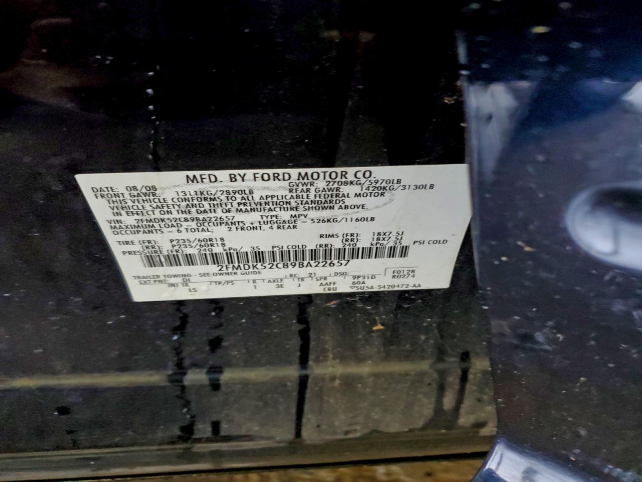 2009 Ford Flex Sel VIN: 2FMDK52C89BA22657 Lot: 94881045