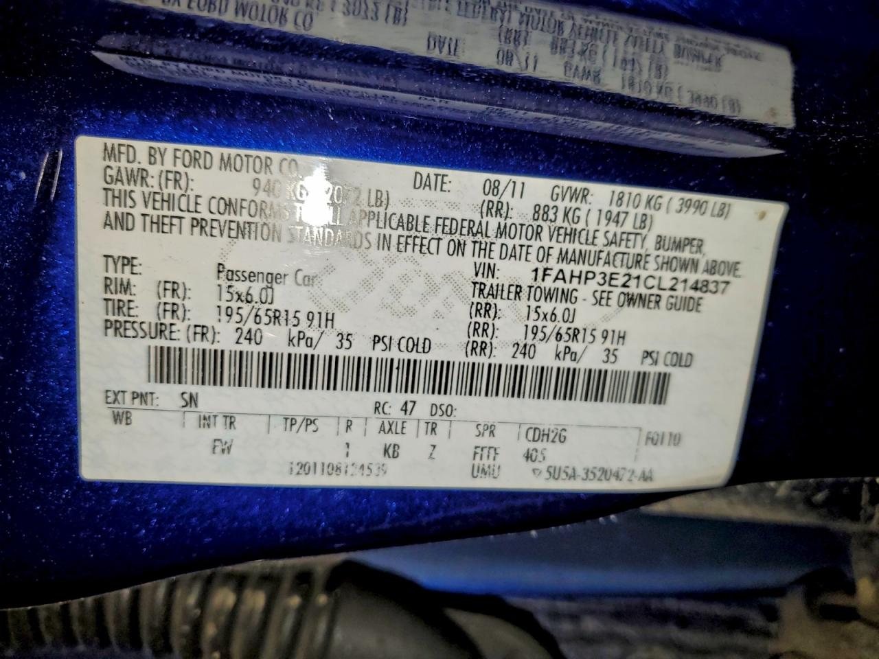 2012 Ford Focus S VIN: 1FAHP3E21CL214837 Lot: 94935715