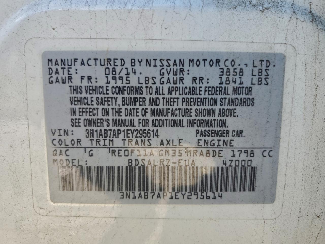 2014 Nissan Sentra S VIN: 3N1AB7AP1EY295614 Lot: 95494755