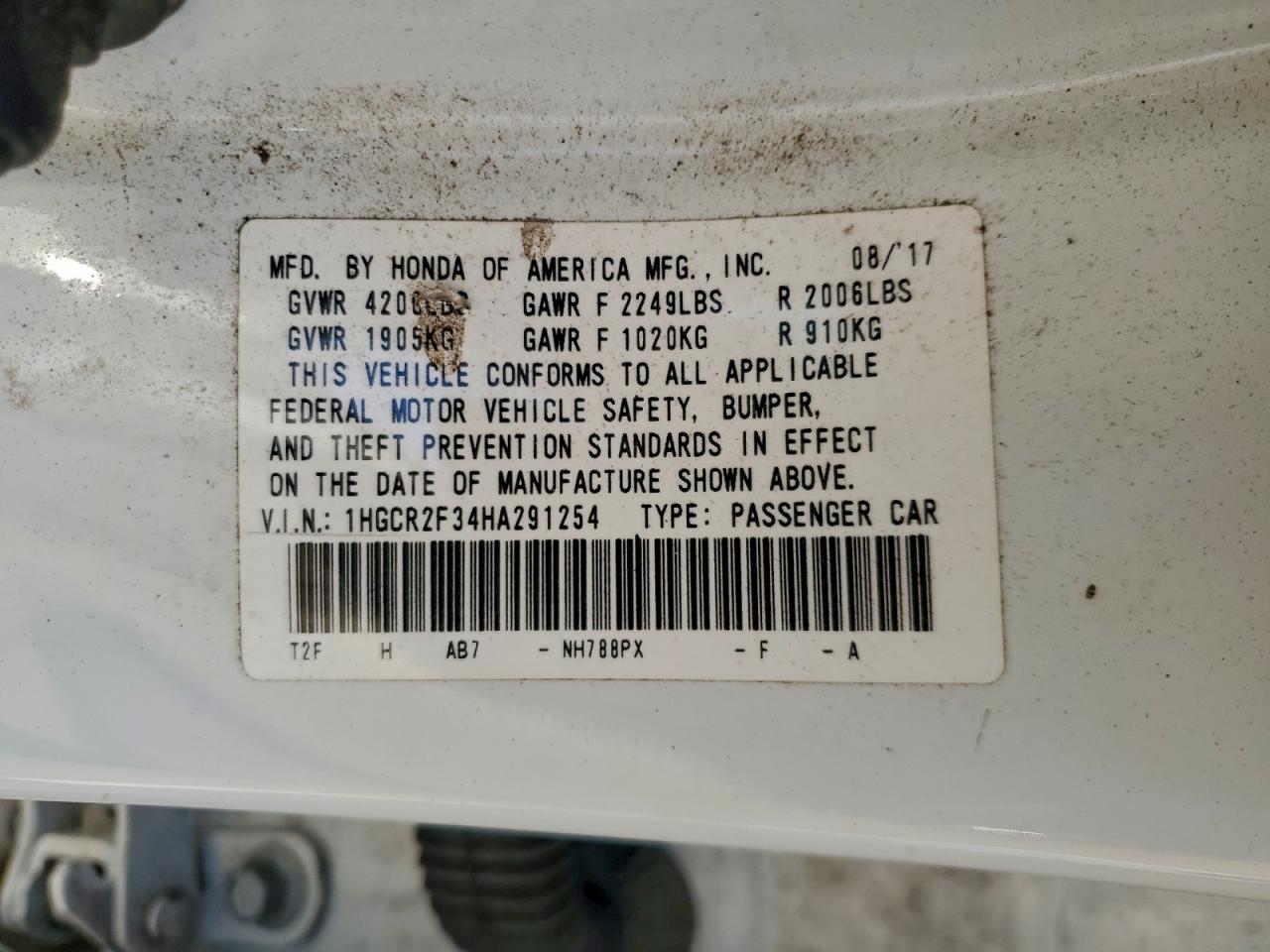 2017 Honda Accord Lx VIN: 1HGCR2F34HA291254 Lot: 94874025