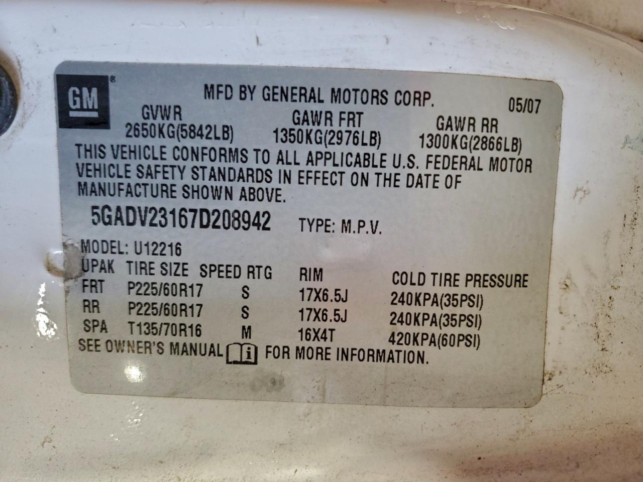 2007 Buick Terraza Cx VIN: 5GADV23167D208942 Lot: 95356155