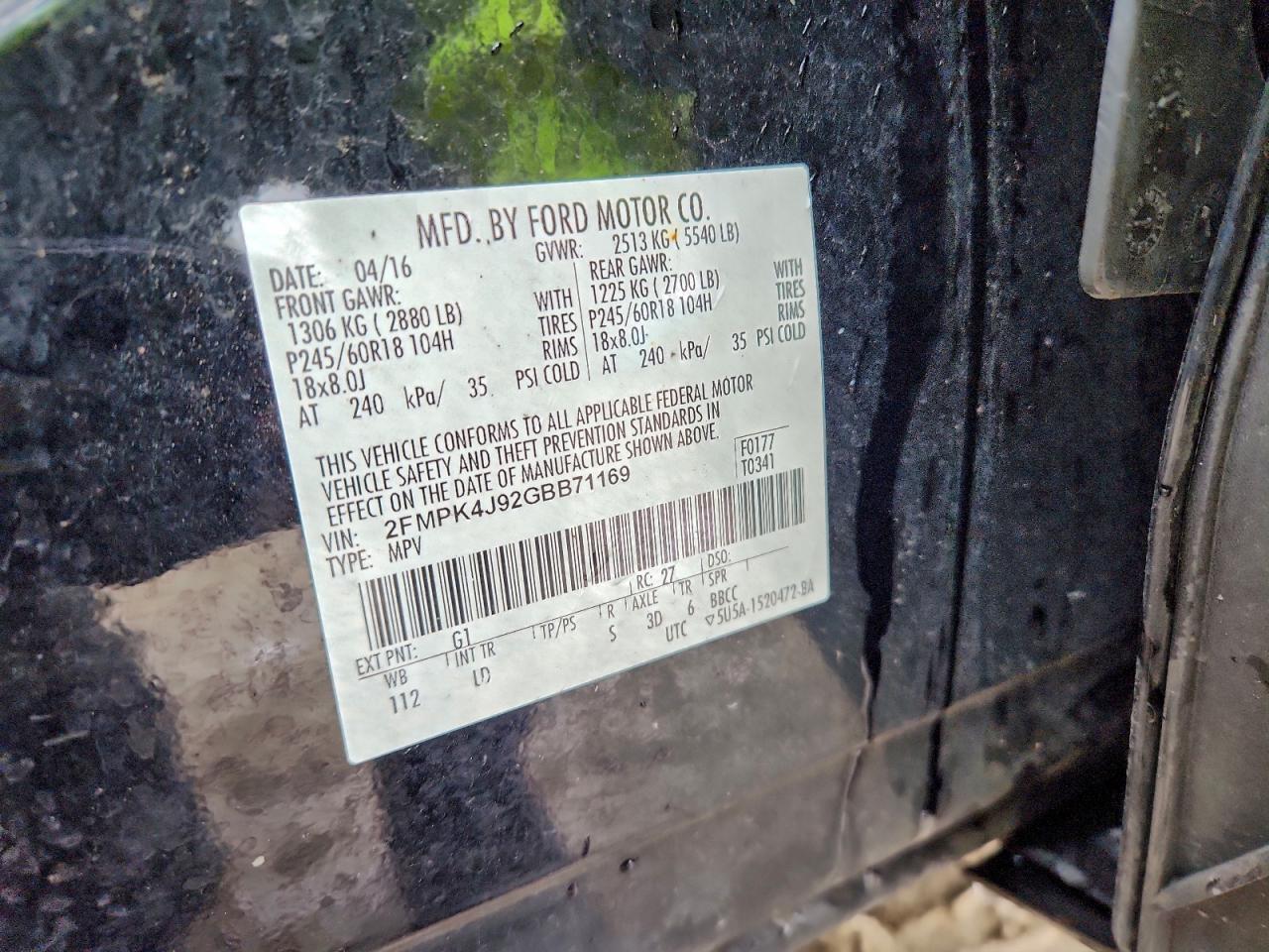 2016 Ford Edge Sel VIN: 2FMPK4J92GBB71169 Lot: 95628095