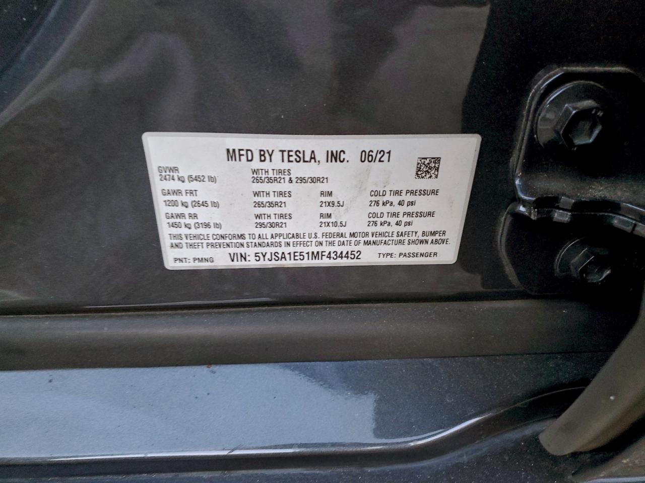 2021 Tesla Model S VIN: 5YJSA1E51MF434452 Lot: 94810535