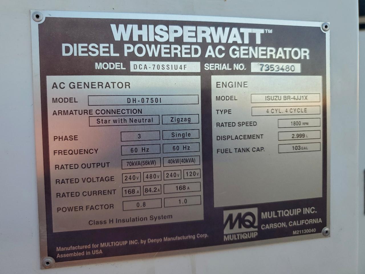 2016 Generator Multiquip Dca VIN: 73353480 Lot: 95564125