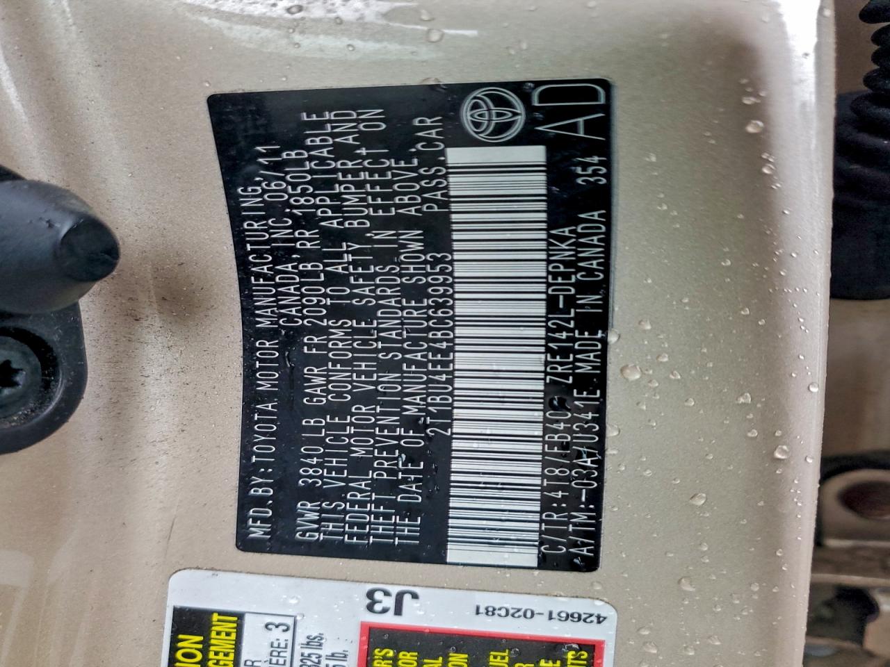 2011 Toyota Corolla Base VIN: 2T1BU4EE4BC639953 Lot: 94749555