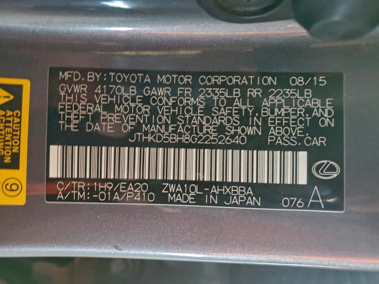 2016 Lexus Ct 200 VIN: JTHKD5BH8G2252640 Lot: 97460515