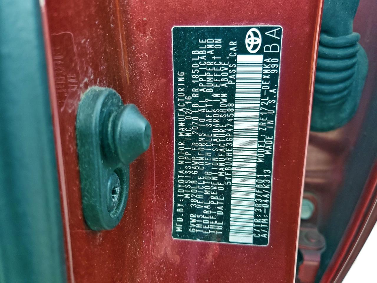 2016 Toyota Corolla L VIN: 5YFBURHE3GP474588 Lot: 96351455