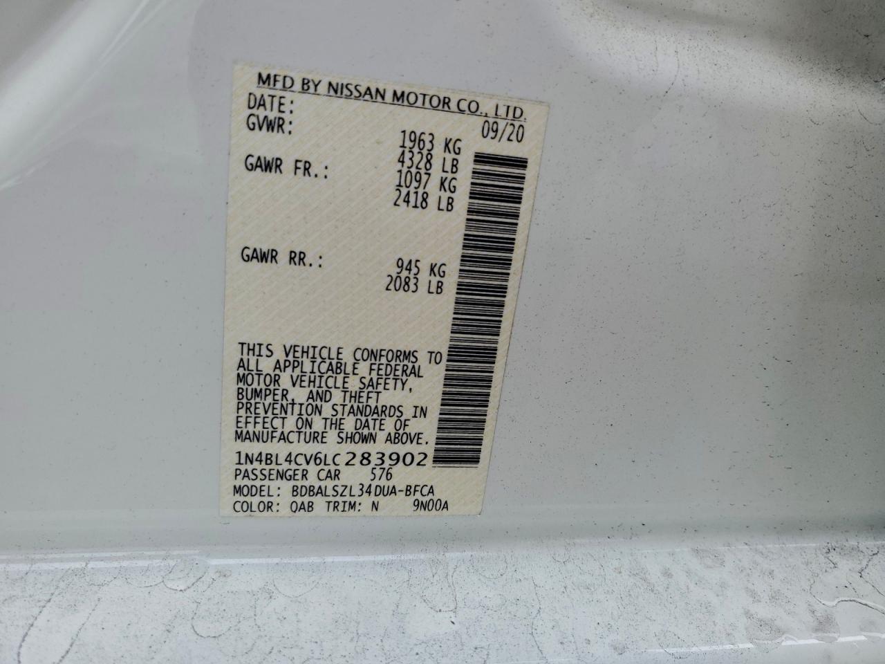 2020 Nissan Altima Sr VIN: 1N4BL4CV6LC283902 Lot: 95469655