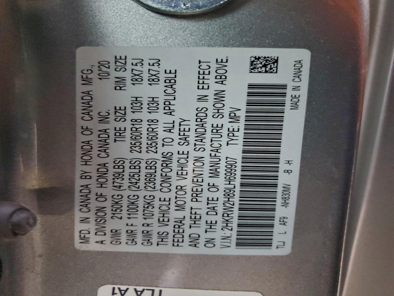 2020 Honda Cr-V Exl VIN: 2HKRW2H89LH699907 Lot: 96417335
