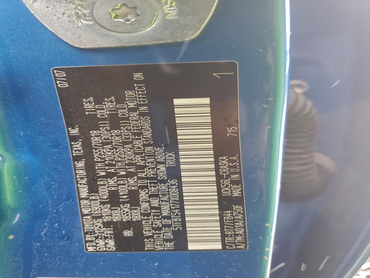 2007 Toyota Tundra Double Cab Sr5 VIN: 5TFBT54177X008436 Lot: 95499425