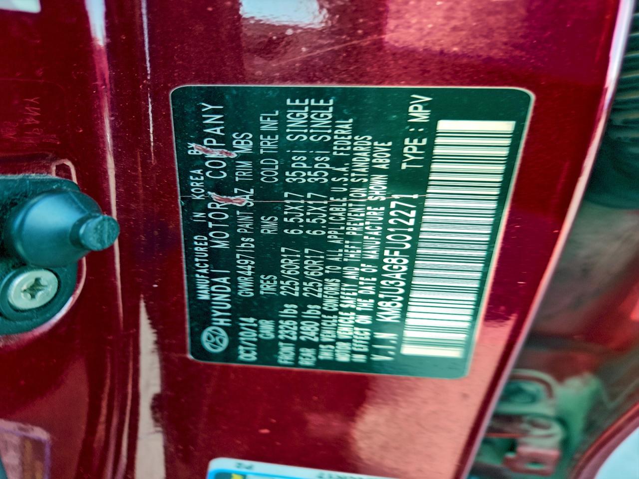 2015 Hyundai Tucson Limited VIN: KM8JU3AG8FU012271 Lot: 95097085