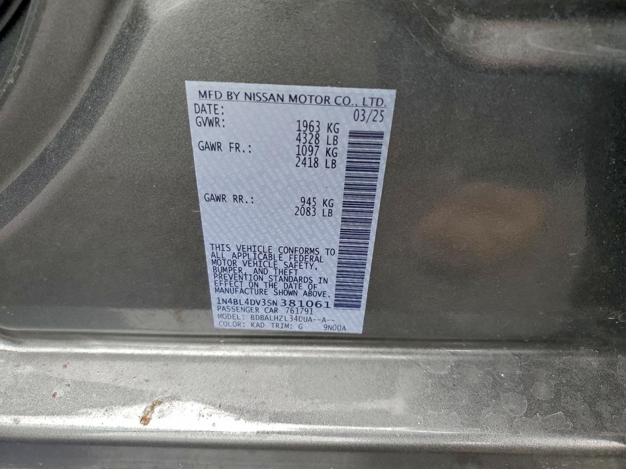 2025 Nissan Altima Sv VIN: 1N4BL4DV3SN381061 Lot: 95477885