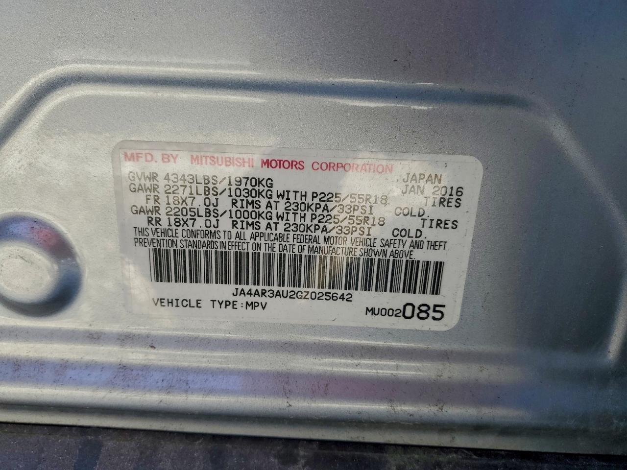 2016 Mitsubishi Outlander Sport Es VIN: JA4AR3AU2GZ025642 Lot: 97131215