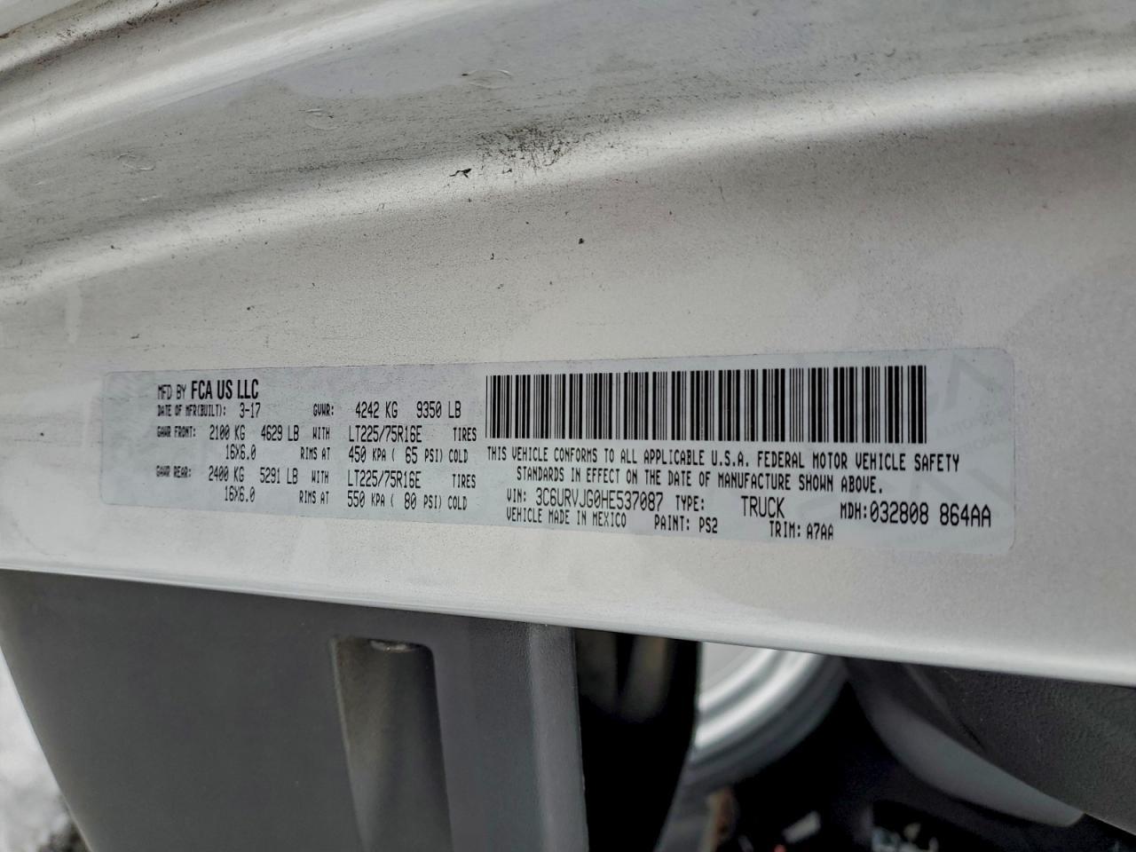 2017 Ram Promaster 3500 3500 High VIN: 3C6URVJG0HE537087 Lot: 93520235