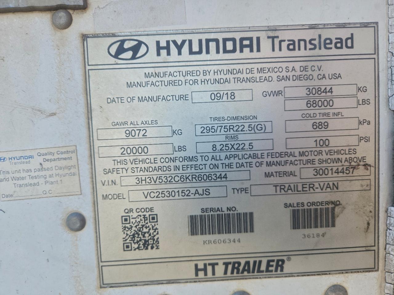 2019 Hyundai Translead Vc2530152-Ajs Dry Van Trailer VIN: 3H3V532C6KR606344 Lot: 94185125