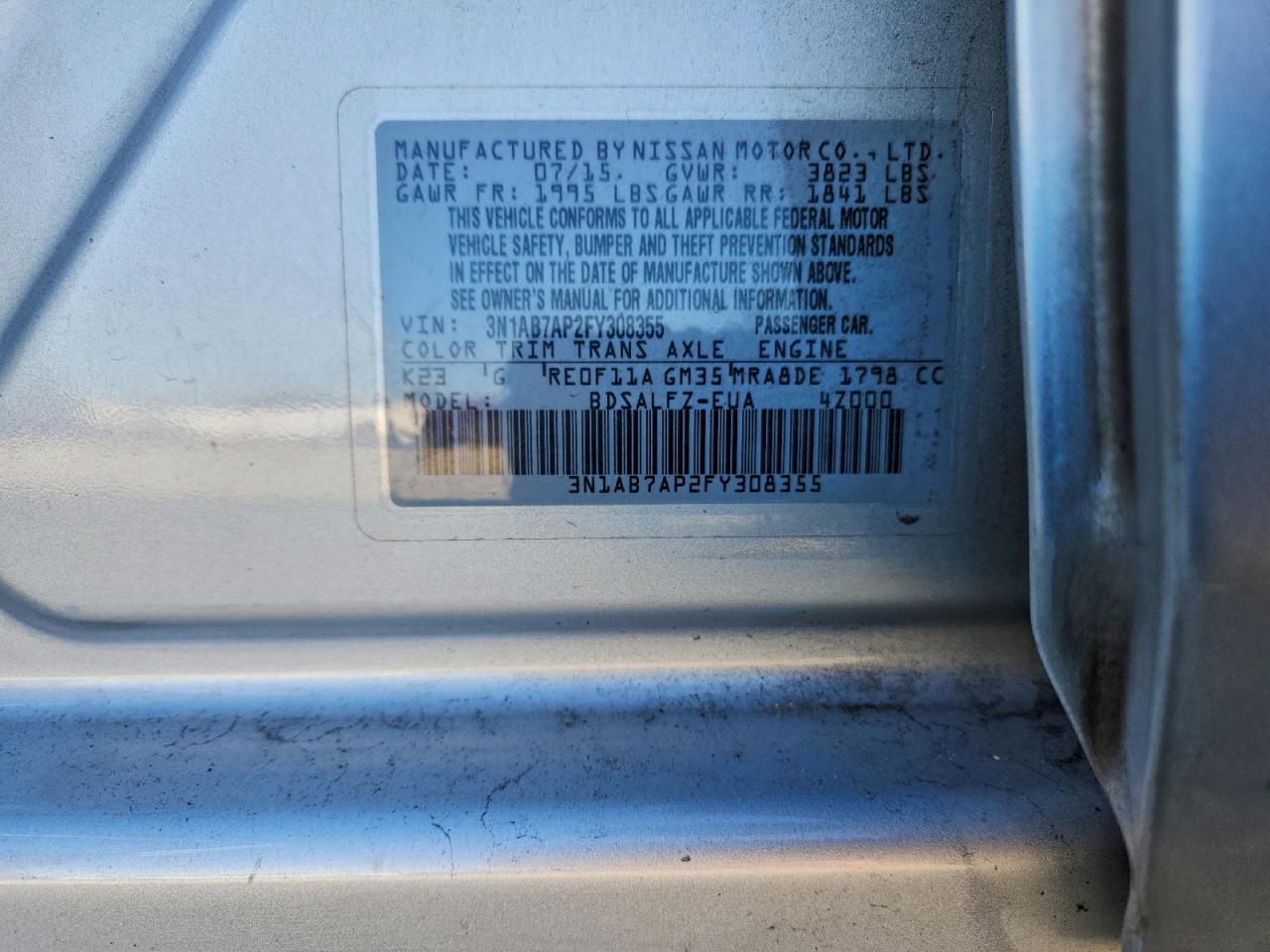 2015 Nissan Sentra S VIN: 3N1AB7AP2FY308355 Lot: 96520865