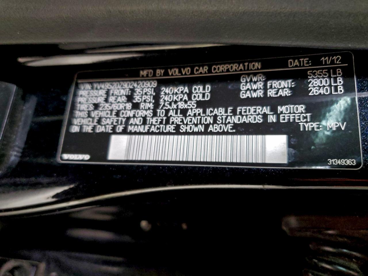 2013 Volvo Xc60 3.2 VIN: YV4952DZ9D2420909 Lot: 95488895