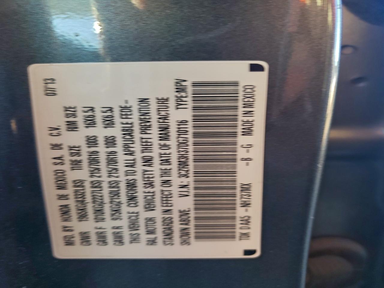 2013 Honda Cr-V Lx VIN: 3CZRM3H37DG710116 Lot: 92720195