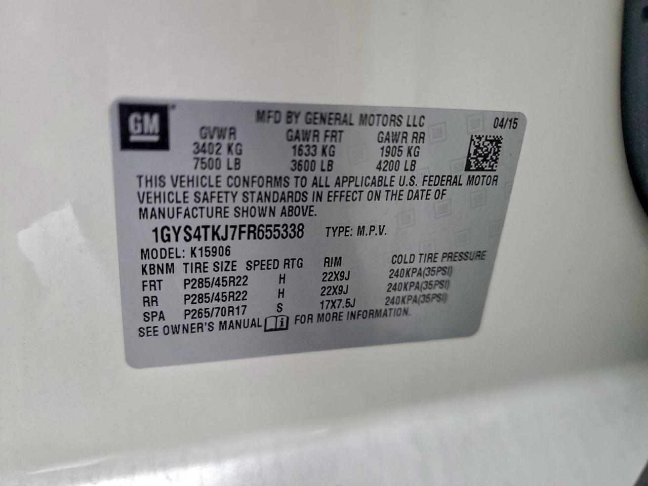 2015 Cadillac Escalade Esv Premium VIN: 1GYS4TKJ7FR655338 Lot: 95407505